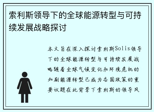 索利斯领导下的全球能源转型与可持续发展战略探讨