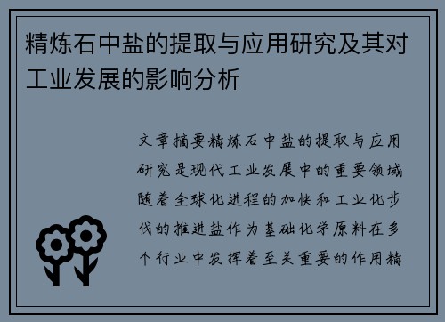 精炼石中盐的提取与应用研究及其对工业发展的影响分析